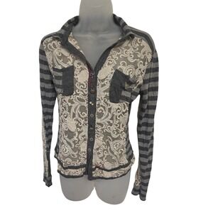 Elisa Cavaletti Gray Lace Striped Button Up‎ Shirt Top Women Made in Italy